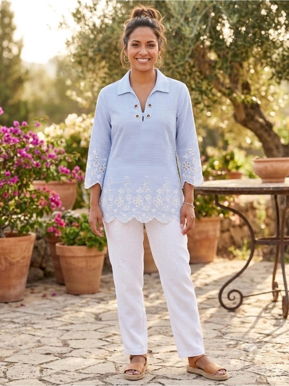 Celine Pale Blue Embroidered Eyelet Tunic